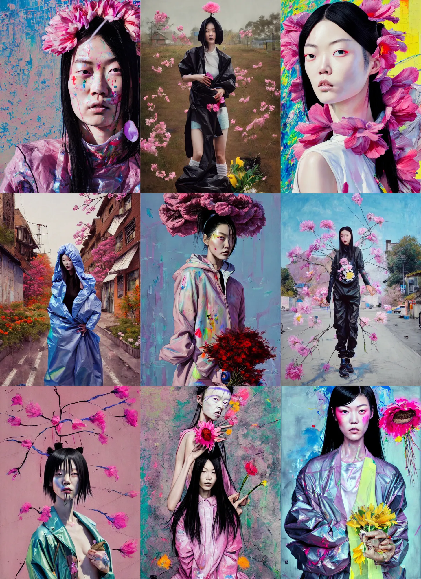 Prompt: still from music video of liu wen from die antwoord standing in a township street, wearing a trashbag garbage bag and flowers, street fashion, full figure portrait painting by martine johanna, ilya kuvshinov, rossdraws, pastel color palette, detailed impasto brushwork, impressionistic