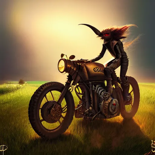 Image similar to a goblin wearing high riding boots riding a steampunk motorcycle on a dirt road in a meadow in mid day, volumetric light, soft ligthing, soft shadows, hyperdetailed, artstation, cgsociety, 8k