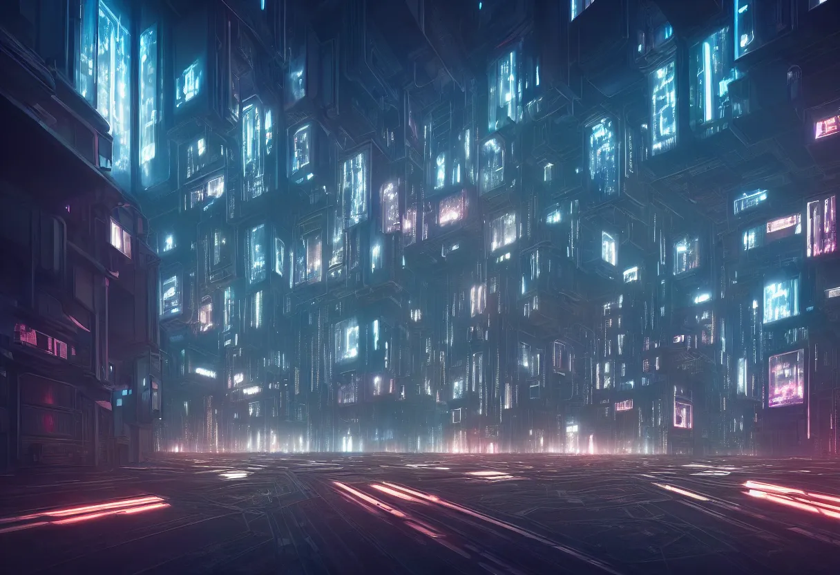 Image similar to inside of dystopian future cityscape with hundreds of illuminated windows and signs, of human mind and imagination, matte painting, beautiful render, octane render, concept art