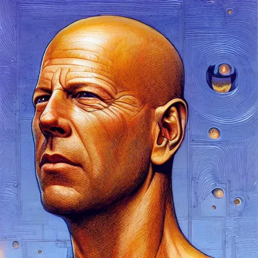 Image similar to bruce willis as a sci - fi alien hunter, hyperdetailed, golden and blue hour, art by peter gric