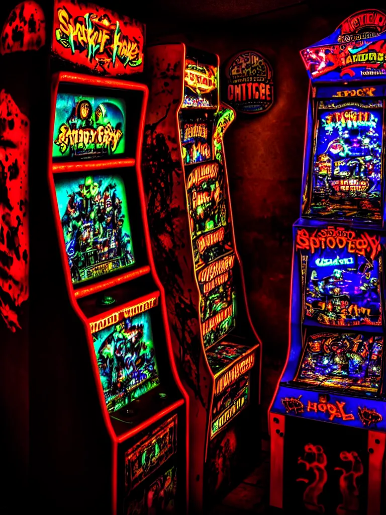 Prompt: haunted arcade machine, spooky, horror, overhead lighting, alluring lights hdr