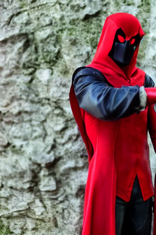 Image similar to red hood cosplay, cellphone picture