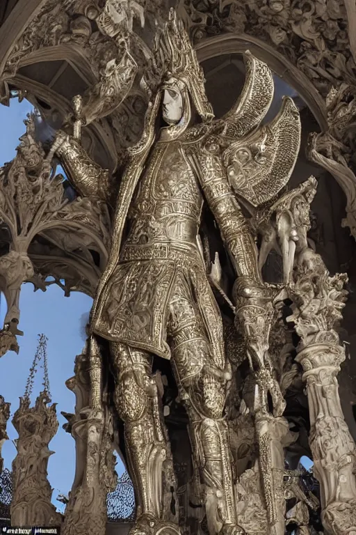 Image similar to a cinematic view of a ornated intricate gothic sacred statue of saint george made in light concrete, with few ornaments in shiny polished chrome, sculpted by gaudi