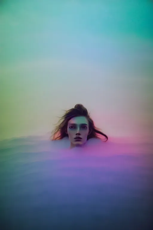 Image similar to high quality pastel coloured film close up wide angle photograph of a model wearing clothing swimming on cloud furniture in a icelandic black rock!! environment in a partially haze filled dreamstate world. three point light, rainbow. photographic production. art directed. pastel colours. volumetric clouds. pastel gradient overlay. waves glitch artefacts. extreme facial clarity. 8 k. filmic.