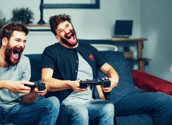 Image similar to Two buddies sitting in a room, smoking a huge blunt and playing playstation 5, they both laugh maniacally and smoking. wideshot. 4k.