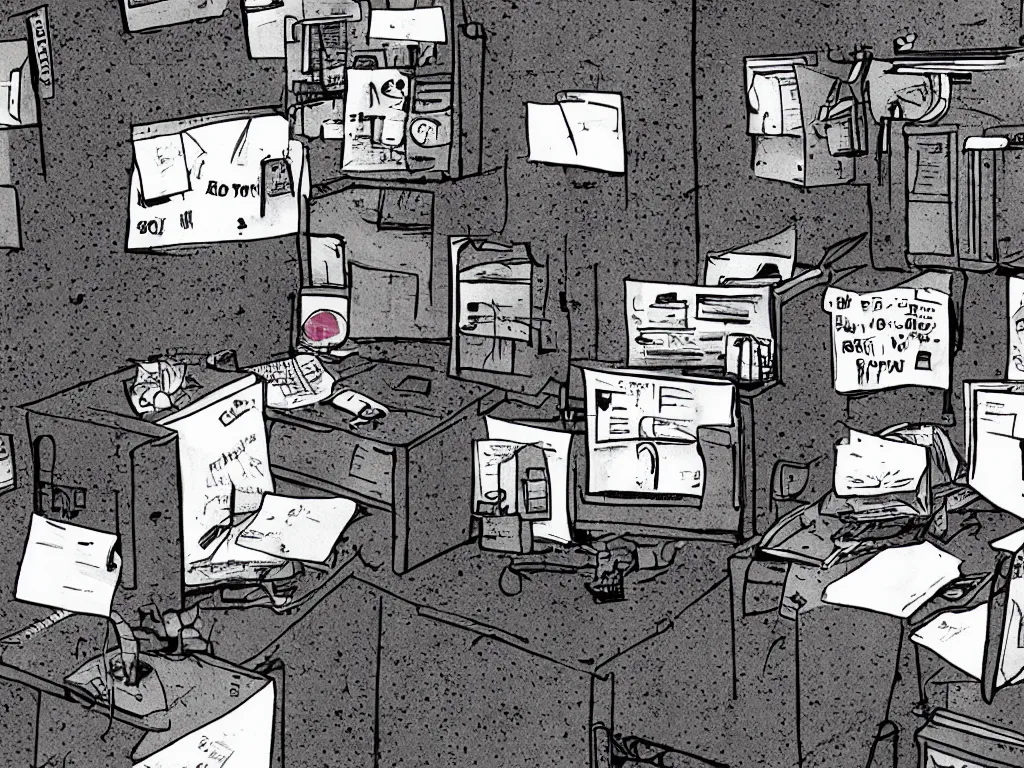 Image similar to madness in 90s cubicle office in the style of Silent Hill