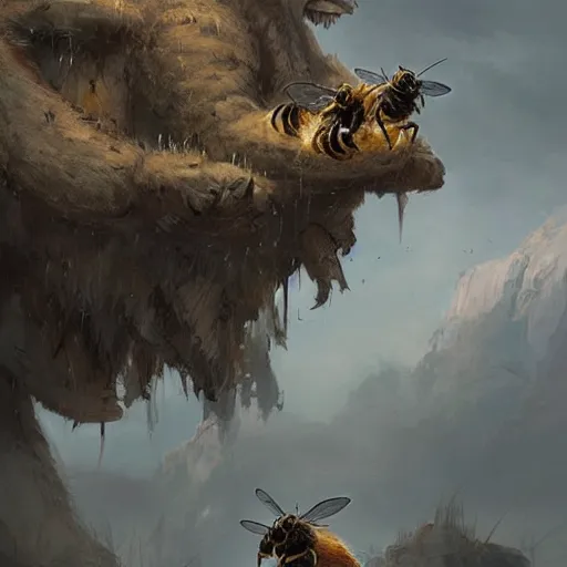 Prompt: a Hunter from Stone Age, Primal surrounded by bees Greg Rutkowski and Raymond Swanland, Trending on Artstation, cloudy background, ultra realistic digital art