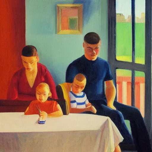 Prompt: a painting of a family sitting at home scrolling on their smartphones in the style of edward hopper