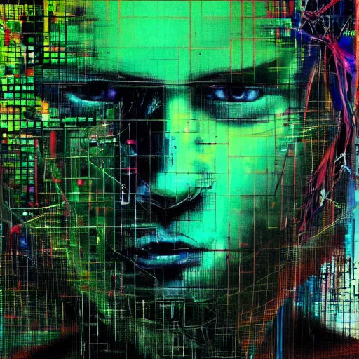 Image similar to hyperrealistic portrait of a cyberpunk man, teenager, long hair, immersed within a network, glitch eyes, by Guy Denning, Johannes Itten, Derek Gores, Russ Mills, glitch art, smooth lines, fine detail, polished, complex, hacking effects, holographic, digital tech effects, green, color blocking!, realistic, acrylic on canvas, concept art, abstract!, symmetrical, 8k, concept art, octane, photorealistic, cgsociety, trending on artstation