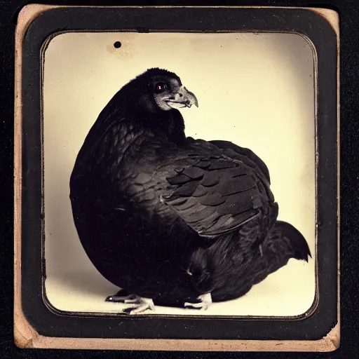 Image similar to Tintype photograph of chonky black chicken as an overweight subject. 1990s studio lighting.