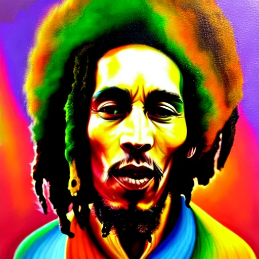 Image similar to an extremely psychedelic portrait of bob marley, surreal, lsd, face, detailed, intricate, elegant, lithe, highly detailed, digital painting, artstation, concept art, smooth, sharp focus, illustration