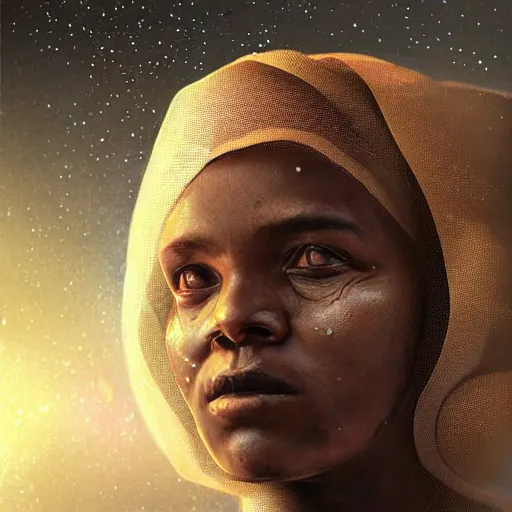 Image similar to A closeup portrait of a Sudanese woman (40), looking directly at the camera with an expression of barely contained panic, in a space helmet, strapped into a launch capsule digital art, fantasy art by Greg Rutkowski