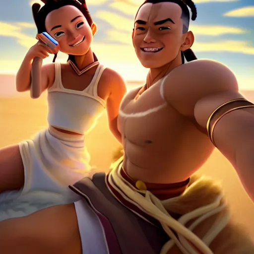 Image similar to beautiful serene intricate photograph of sokka and suki taking a selfie, smiling softly, relaxing on the beach, golden hour, soft focus, 8 k, art by irakli nadar, hyperrealism, hyperdetailed, ultra realistic