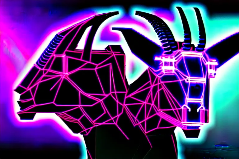 Image similar to complex cyberpunk machine background merged with evil cybernetic goat head in center focus, multicolored digital art