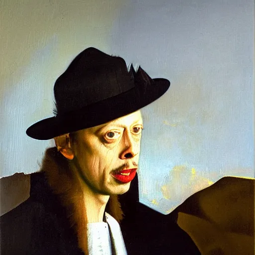 Image similar to oil painting portrait of steve buscemi wearing a fireman hat, oil on canvas, high quality, johannes vermeer