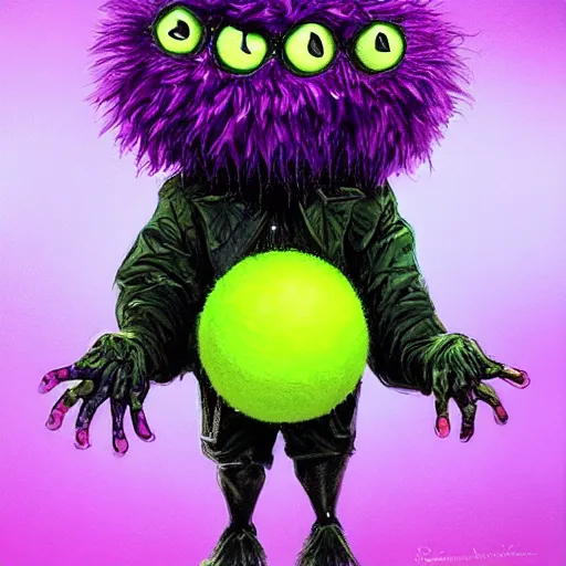 Prompt: a green tennis ball monster in a purple pimp coat, black and gold, digital art, fantasy, magic, chalk, trending on artstation, ultra detailed, professional illustration by basil gogos
