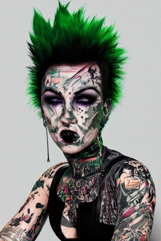 Prompt: upper body portrait punk woman with green mohawk, covered in goth style tattoos, wearing a bold tees shirt, fishnets and a long tartan skirt, intimidating, max details, hyperrealistic, photorealistic, ultra - realistic, ultra - detailed, cinematic, 8 k resolution by alan lee