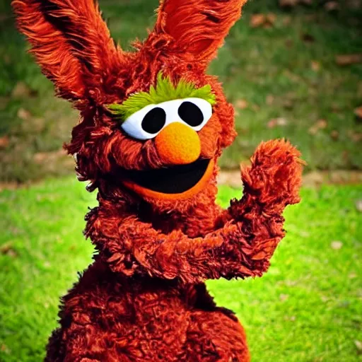 Image similar to a brown fluffy elmo muppet with big soft rabbit ears in a karate uniform out in nature, photography, photorealistic, muppet, national geohraphic, sesame street, puppet muppets