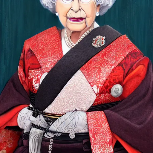 Prompt: a beautiful painting of old queen elizabeth ii dressed as japanese samurai with katana, realistic, portrait, full body, hd, 8 k, 4 k,