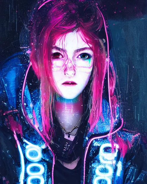 Prompt: detailed portrait katherine mcnamara neon operator girl, cyberpunk futuristic, neon, reflective puffy coat, decorated with traditional japanese by ismail inceoglu dragan bibin hans thoma greg rutkowski alexandros pyromallis nekro rene margitte, illustrated, perfect face, fine details, realistic shaded, fine - face, pretty face