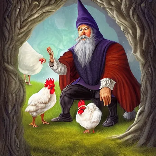 Prompt: a fantasy storybook illustration of a portrait of wizard with a long white beard and a wizard hat holding a pet chicken
