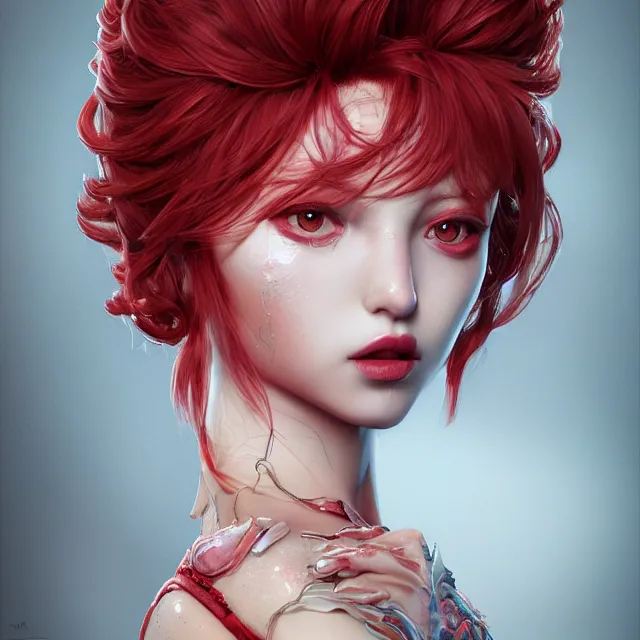 Prompt: portrait of a red gem ruby personified as an absurdly beautiful, elegant, young hypercolorful sensual gravure idol, ultrafine hyperrealistic detailed face illustration by kim jung gi, irakli nadar, intricate linework, sharp focus, bright colors, matte, octopath traveler, final fantasy, unreal engine highly rendered, global illumination, radiant light, intricate environment