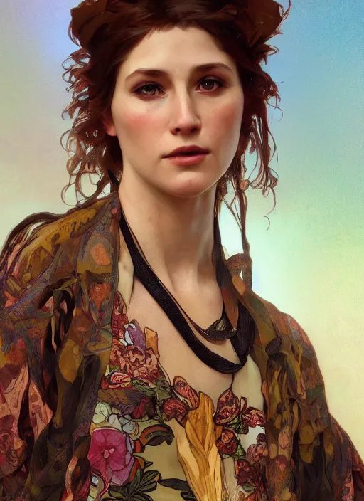 Image similar to Claire Elizabeth Cottrill wearing luxuruous hawaiian rayon shirt, rule of thirds, accurately portrayed, portrait art by alphonse mucha and greg rutkowski, highly detailed, digital painting, concept art, illustration, ethereal lighting with twilight rays of sunlight, trending on artstation, very detailed, smooth, sharp focus, octane render, close up