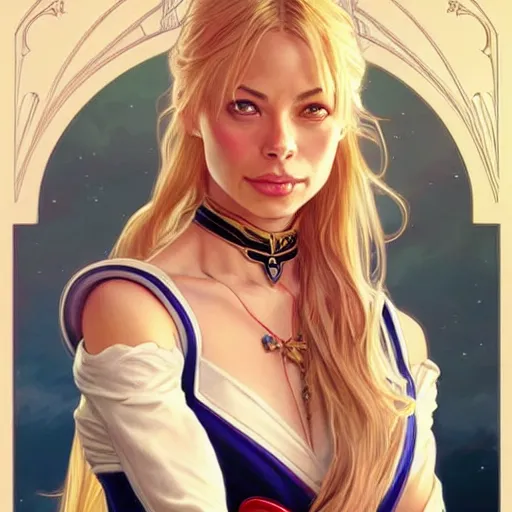 Image similar to Kristin Kreuk with blonde hair as Sailor Moon, western, D&D, fantasy, intricate, elegant, highly detailed, digital painting, artstation, concept art, matte, sharp focus, illustration, art by Artgerm and Greg Rutkowski and Alphonse Mucha