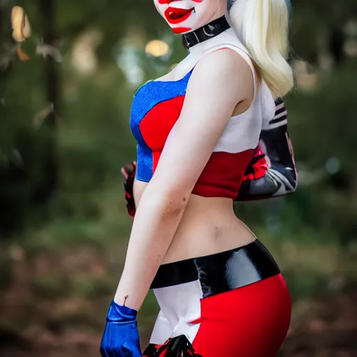 Image similar to portrait photo still of real life harley quinn, 8 k, 8 5 mm f 1. 8