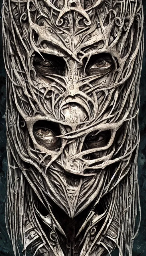 Image similar to ancient biomechanoid hybrid slavic multifaced god armored head fantasy beautiful human witch face mask tattoo pattern concept, glagolitic glyph, intricate artwork by, Johnatan Wayshak, Zdizslaw Beksinski, Artgerm, H.R. Giger, very coherent artwork, cinematic, hyper realism, high detail, octane render, unreal engine, 8k, High contrast, higly detailed black ink outline, crosshatch sketch gradient