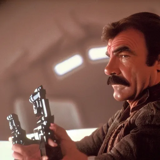 Image similar to A still of Tom Selleck as Han Solo from Star Wars The Empire Strikes Back. Extremely detailed. Beautiful. 4K. Award winning.