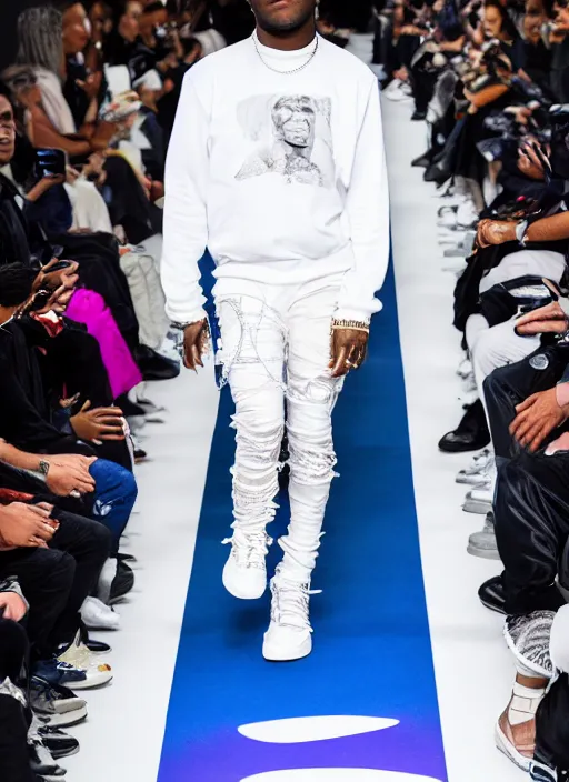 Image similar to hyperrealistic and heavy detailed balenciaga runway show of lil uzi vert, leica sl 2 5 0 mm, vivid color, high quality, high textured, real life