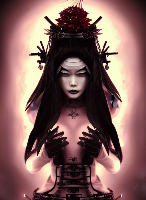 Image similar to soft lustrous ebony geisha seductive raver yakuza gothic cyborg, decay, underworld, dark fantasy, dark art, highly detailed, digital painting, octane render, artstation, concept art, smooth, sharp focus, illustration, art by artgerm, loish, wlop