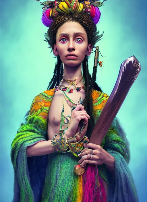 Prompt: an anthropomorphic beautiful goddess female wizard portrait holding weapon wearing colourful robe, dreadlock breed hair, fine art, award winning, intricate, elegant, sharp focus, octane render, hyperrealistic, cinematic lighting, highly detailed, digital painting, 8 k concept art, art by jamie hewlett masterpiece, trending on artstation, 8 k