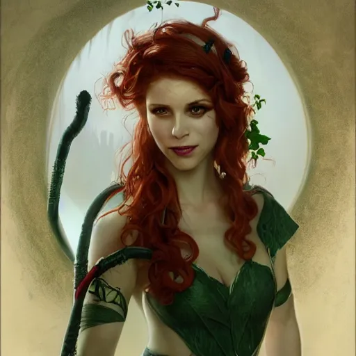 Image similar to a beautiful and detailed matte painting of poison ivy dressed as a hospital nurse, fantasy, d & d, dark eyeliner, intricate, elegant, highly detailed, digital painting, artstation, concept art, matte, sharp focus, illustration, art by greg rutkowski and alphonse mucha