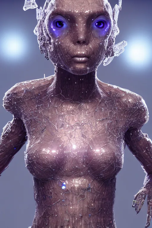 Image similar to skin concept anthropomorph, biopunk, in full growth, magical crystals, smoky crystals, translucent crystals, luminous sparkling crystals, many details, 3 d, cinematic, hyper realism, high detail, octane render