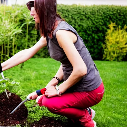 Prompt: a beautiful canadian woman, on her kness, doing some light gardening,