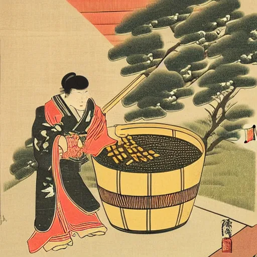 Image similar to Japanese woodblock print of a mazer pouring honey into a barrel