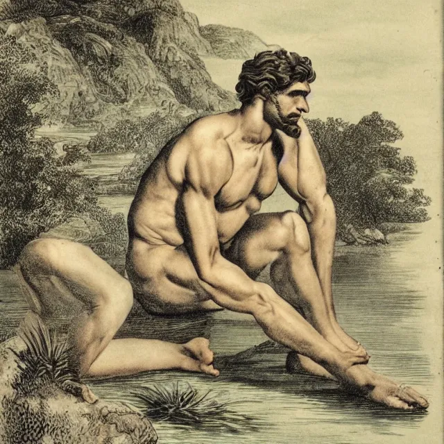 Image similar to muscular greek god sitting by a lake, vintage illustration