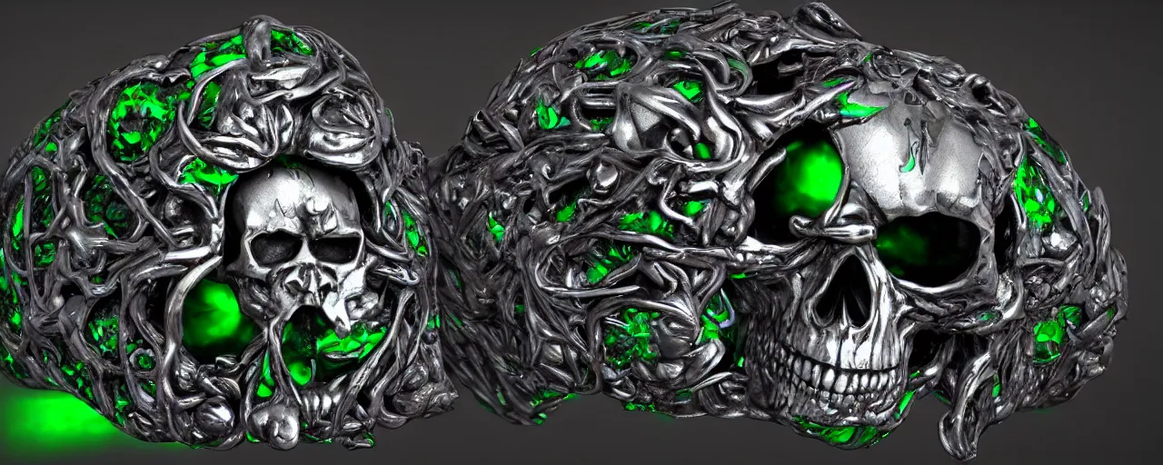 Image similar to simple magic ring of poison, skull, skulls, teeth, green, black, purple. smooth shank, crystals, engravings, product design, jewelry, colorful, art by gerald brom, greg rutkowski and artgerm, photo realism, unreal engine, c 4 d