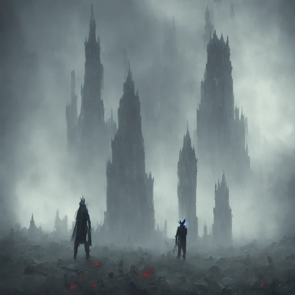 Image similar to devil, scary, magical area, foggy area, by greg rutkowski, sharp focus, man standing, tower