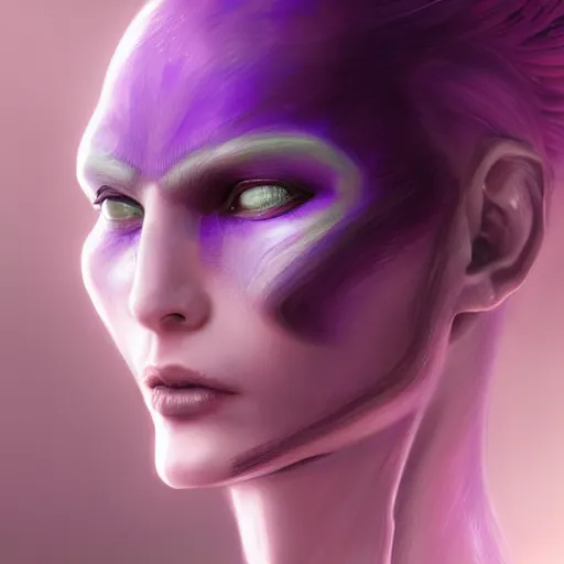 Prompt: a detailed face portrait of a purple haired human woman with cybernetic facial implants, queen of blades, shodan, by dorian cleavenger, greg rutkowski, wlop, astri lohne, zdzislaw beksinski trending on artstation