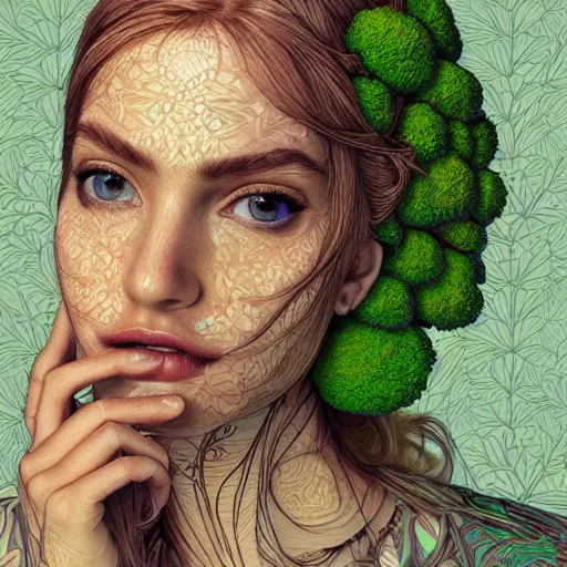 Prompt: the portrait of an unbelievably beautiful, elegant, sexy, sophicated young woman partially made of broccoli, an ultrafine detailed illustration by james jean, intricate linework, bright colors, final fantasy, behance contest winner, vanitas, angular, altermodern, unreal engine 5 highly rendered, global illumination, radiant light, detailed and intricate environment