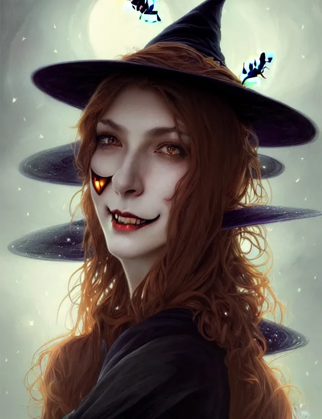 Image similar to halloween witch woman in a hat smiles, fantasy magic, undercut hairstyle, dark light night, intricate, elegant, sharp focus, illustration, highly detailed, digital painting, concept art, matte, art by wlop and artgerm and greg rutkowski and alphonse mucha, masterpiece