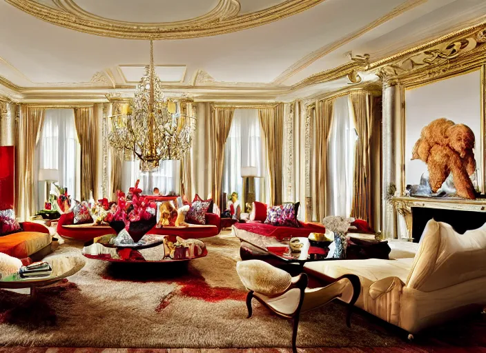 Prompt: luxury living room designed by jeff koons, interior design magazine photography
