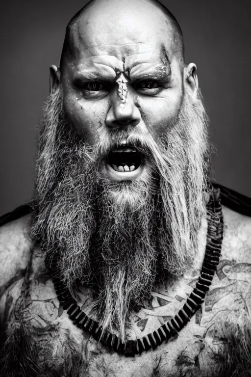 Prompt: a cinematic view of wide photo from a very ornated old wizard viking berseker, half shaved haircut, showing nordic tattoos in the chest, scars in the face, long beard, using leather armour with necklace of teeth, marvelous expression, photorealistic, volummetric light, detailed, texturized, zeiss lens high professional mode