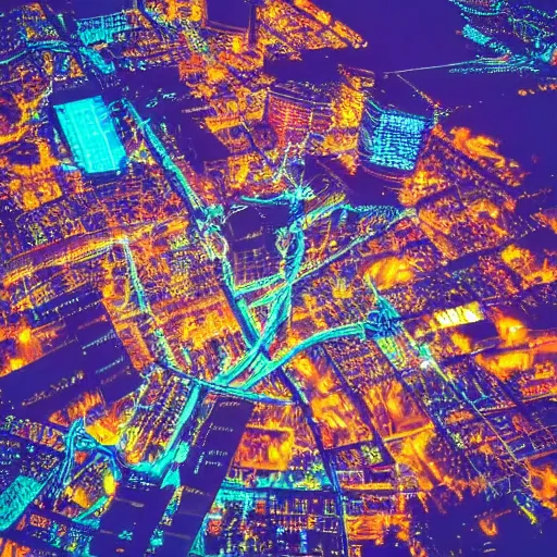 Prompt: an aerial view of a city at night, a microscopic photo by lisa frank, instagram contest winner, maximalism, glowing lights, vivid colors, circuitry