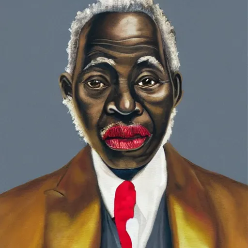 Image similar to a painting of a loving, caring fatherly wide forehead, aquiline nose, round face, XXL , generous, ever-present, humble, wise elder from Kenya in a silver suit and red tie by Wangechi Mutu . Fatherly/daddy, focused, loving, leader, relaxed. Gold background, heavenly lights, details, smooth, sharp focus, illustration, realistic, cinematic, artstation, award winning, rgb , unreal engine, octane render, cinematic light, macro, depth of field, blur, light and clouds, highly detailed epic cinematic concept art CG render made in Maya, Blender and Photoshop, octane render, excellent composition, dynamic dramatic cinematic lighting, aesthetic, very inspirational, arthouse.