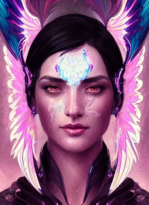 Prompt: portrait of a ethereal black haired woman with pink and blue flaming phoenix wings style of god of war, swarm of transparent glass shards, intricate, elegant, highly detailed, digital painting, artstation, concept art, smooth, sharp focus, illustration, art by artgerm and greg rutkowski and alphonse mucha, 8 k