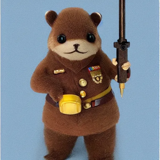 Prompt: beaver wearing russian military uniform with a drill for an arm